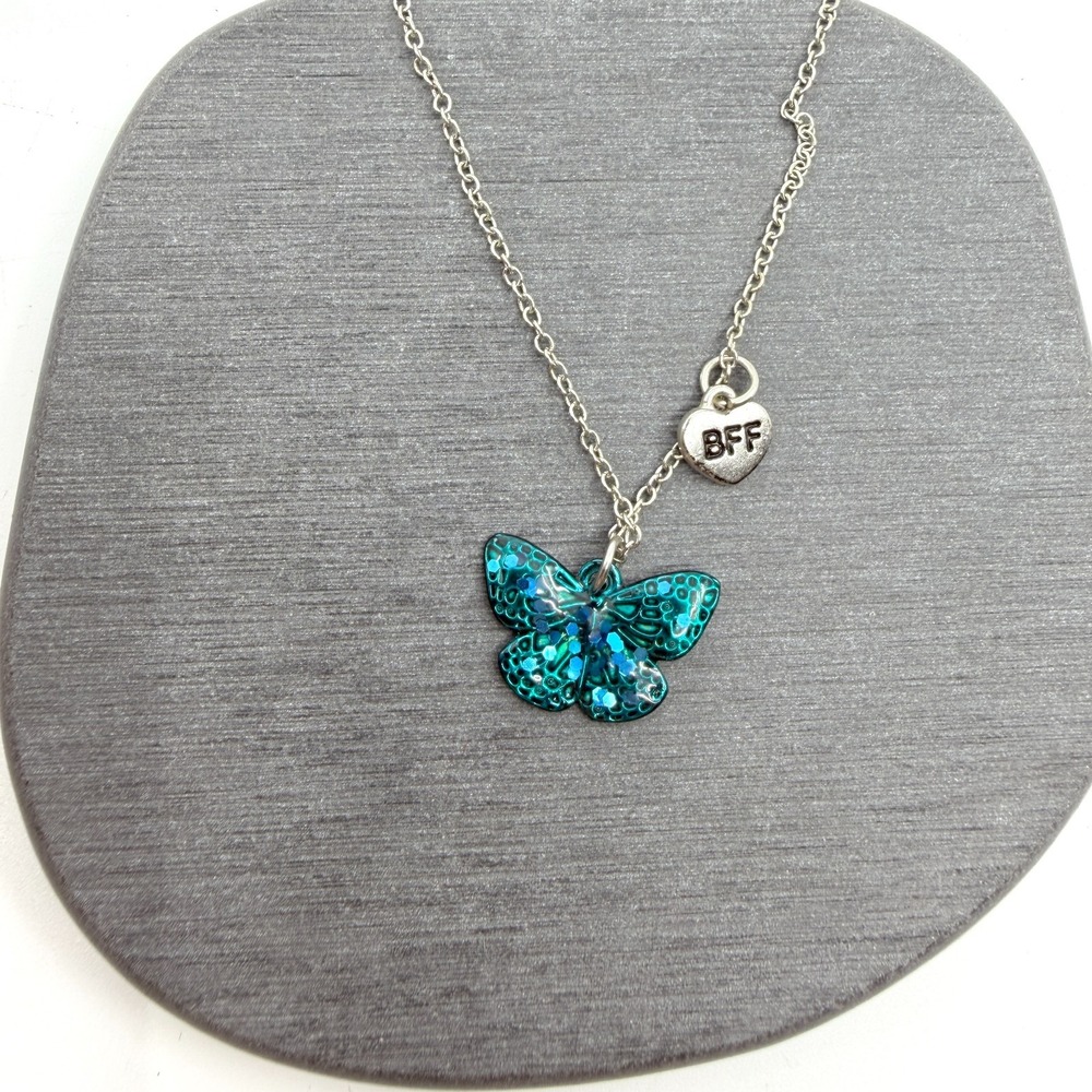 Y2K Blue Butterfly BFF Charm Necklace Silver Tone Friendship Jewelry Best Friend